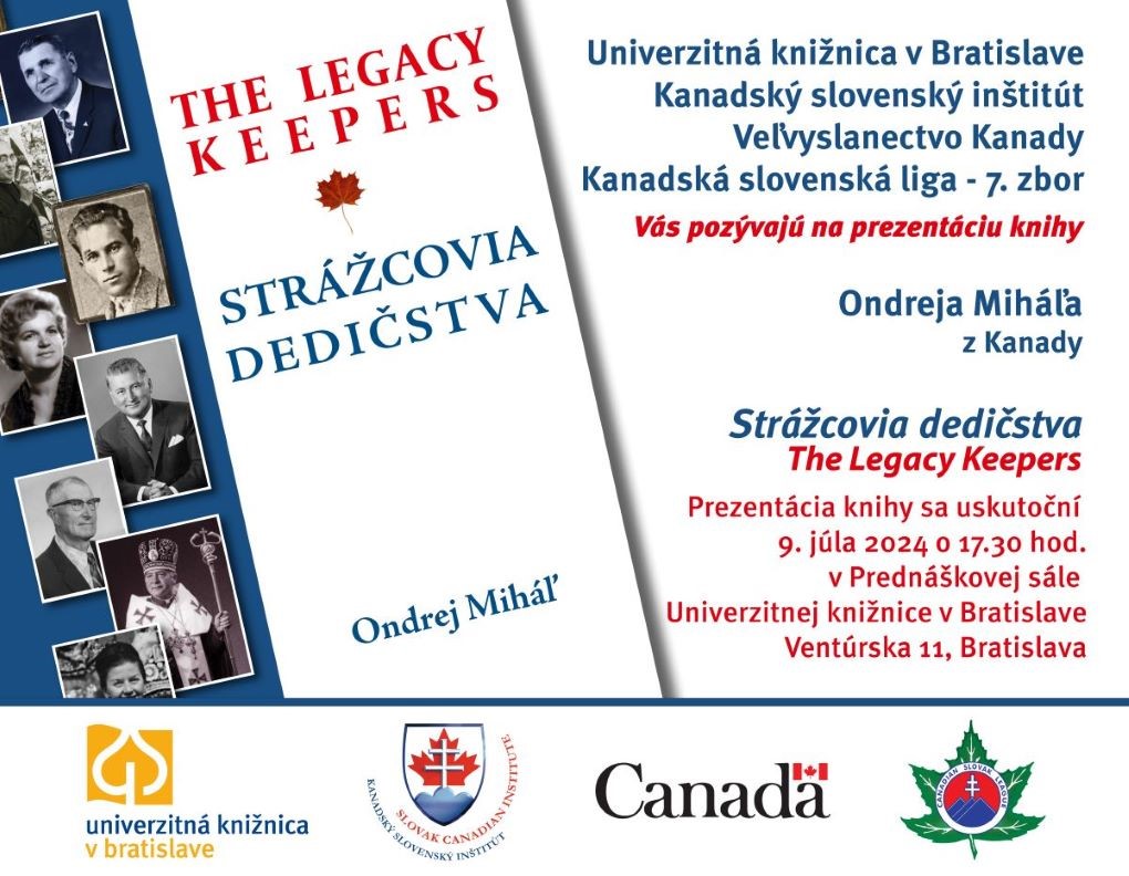 Univerzitná knižnica v Bratislave a Veľvyslanectvo Kanady pozývajú na prezentáciu knihy | STRÁŽCOVIA DEDIČSTVA | 9. 7. 2024 o 17:30